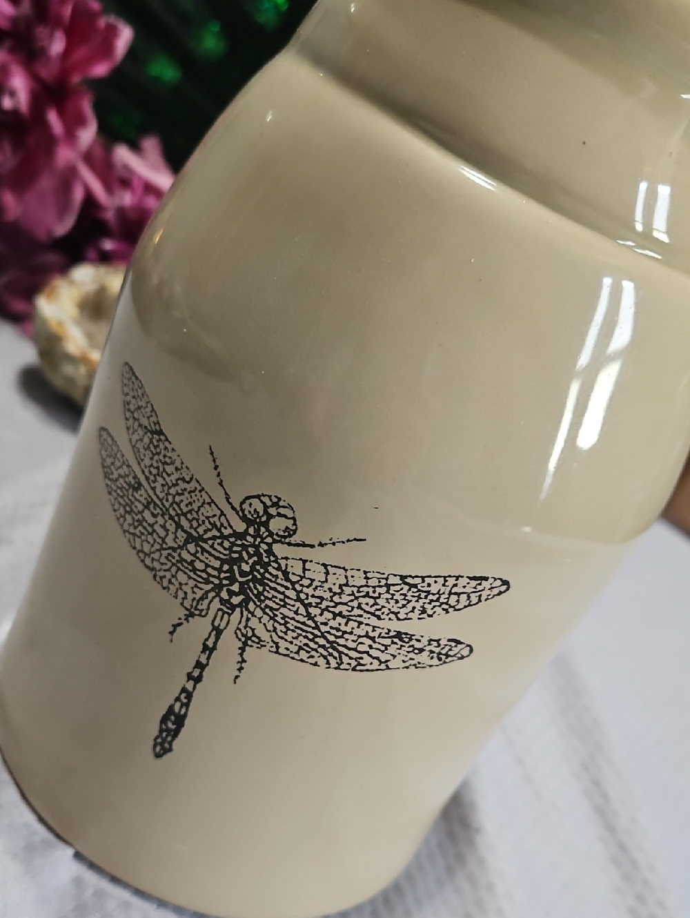 Vintage Cream Ceramic Vase with Black Dragonfly Print